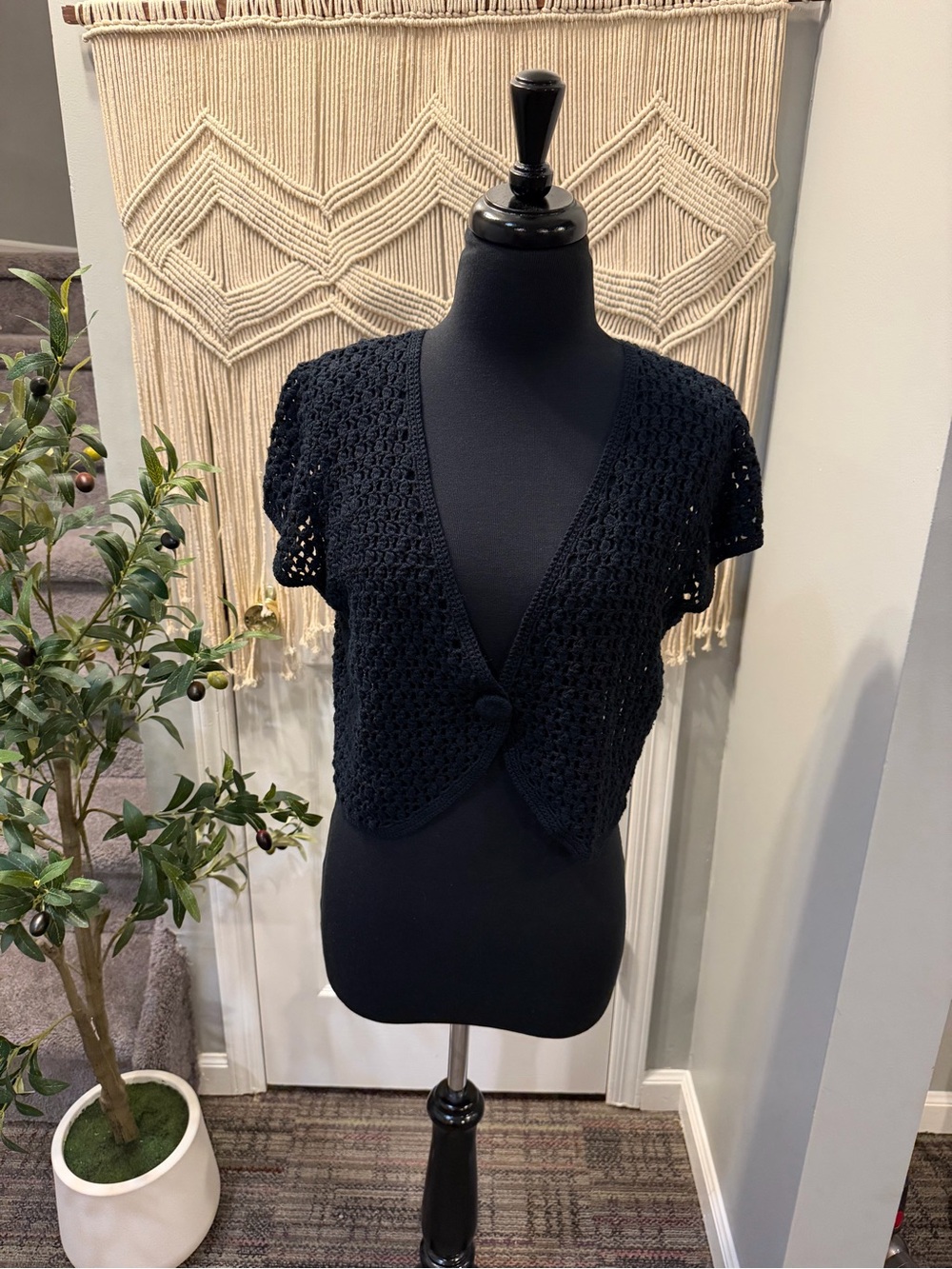 Black Crochet Short-Sleeve Button-Front Cardigan - Women's Knit Top